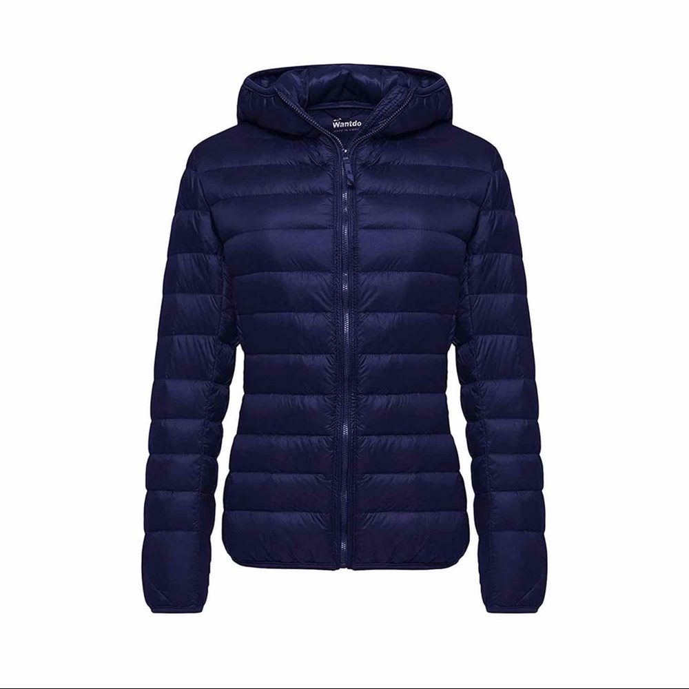 WANTDO Hooded Puffer Packable Ultra Light Down Feather Jacket SMALL Navy Blue